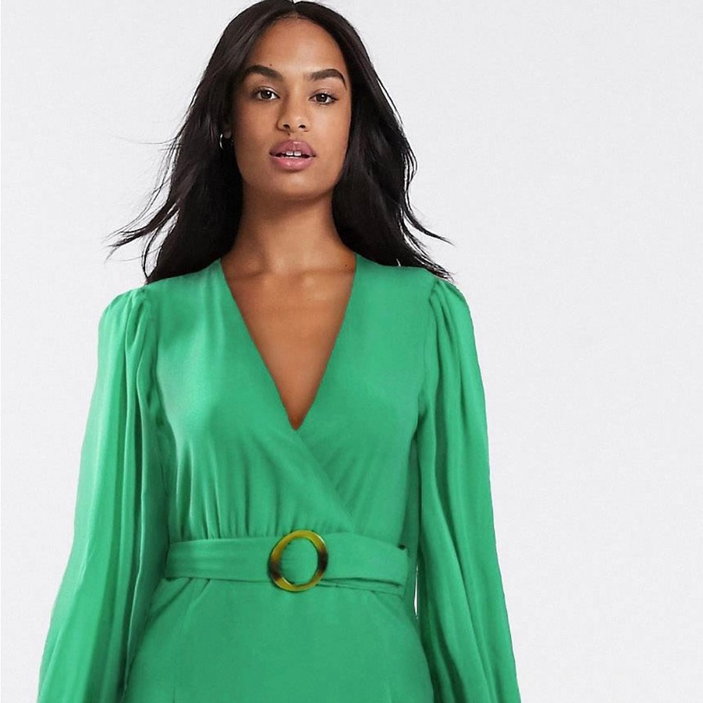 Bardot midi wrap dress with pleated hem emerald green